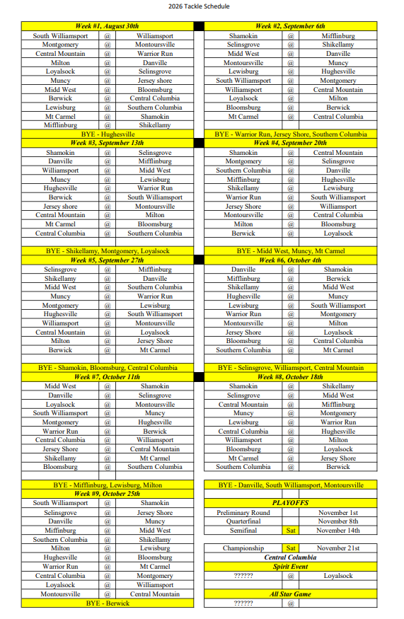 BYFL 2026 Tackle Football Schedule